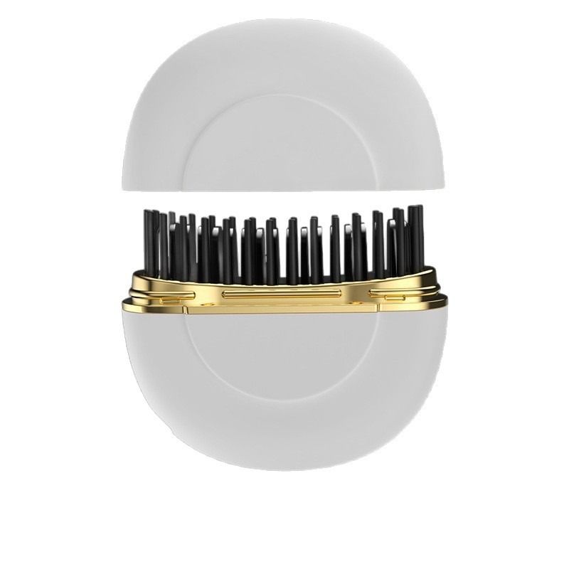 Portable cordless hair straightening brush with negative ions, lightweight design, suitable for travel and quick styling.