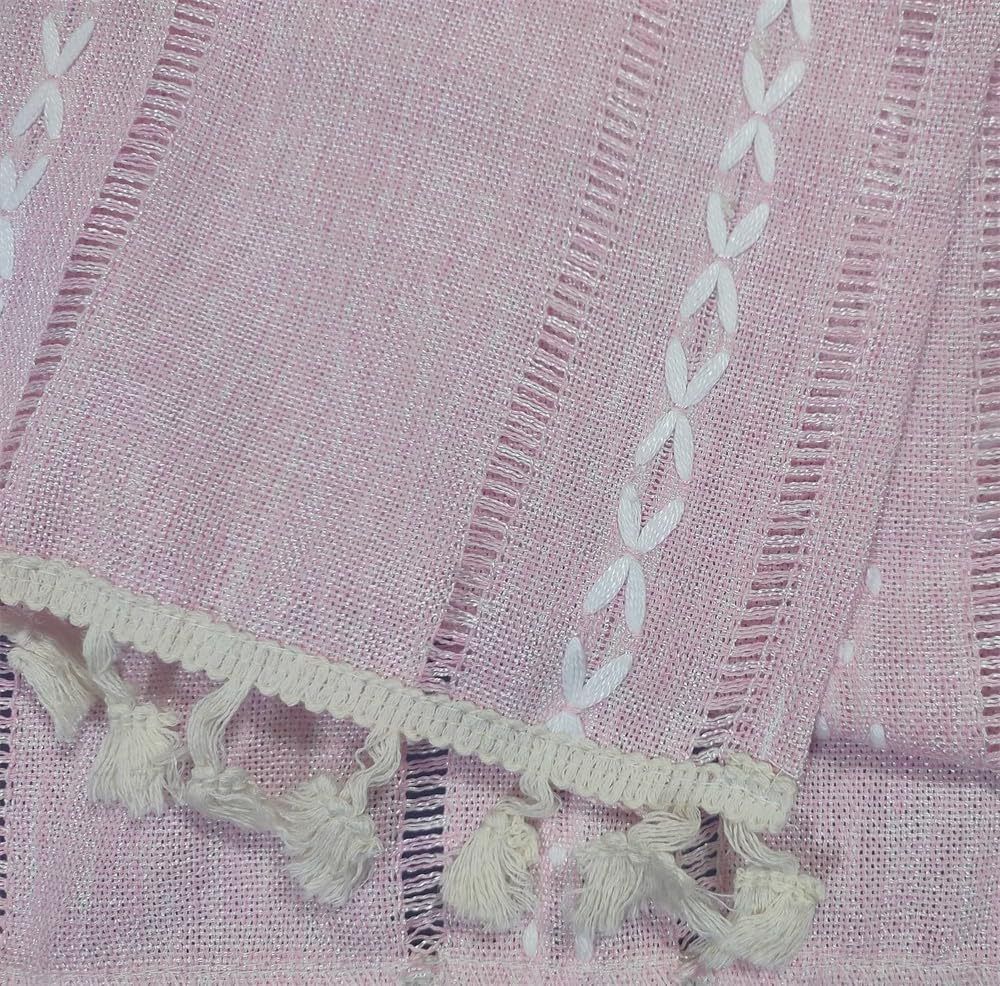 Pink boho-style rectangular tablecloth with tassel stripe pattern, polyester woven desk cover for dresser or bedside table.