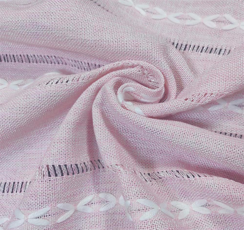 Pink boho-style rectangular tablecloth with tassel stripe pattern, polyester woven desk cover for dresser or bedside table.