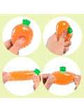 Five carrot-shaped stress relief squeeze balls for kids and adults, elastic fruit toys, perfect for play, Easter baskets, and vase fillers.