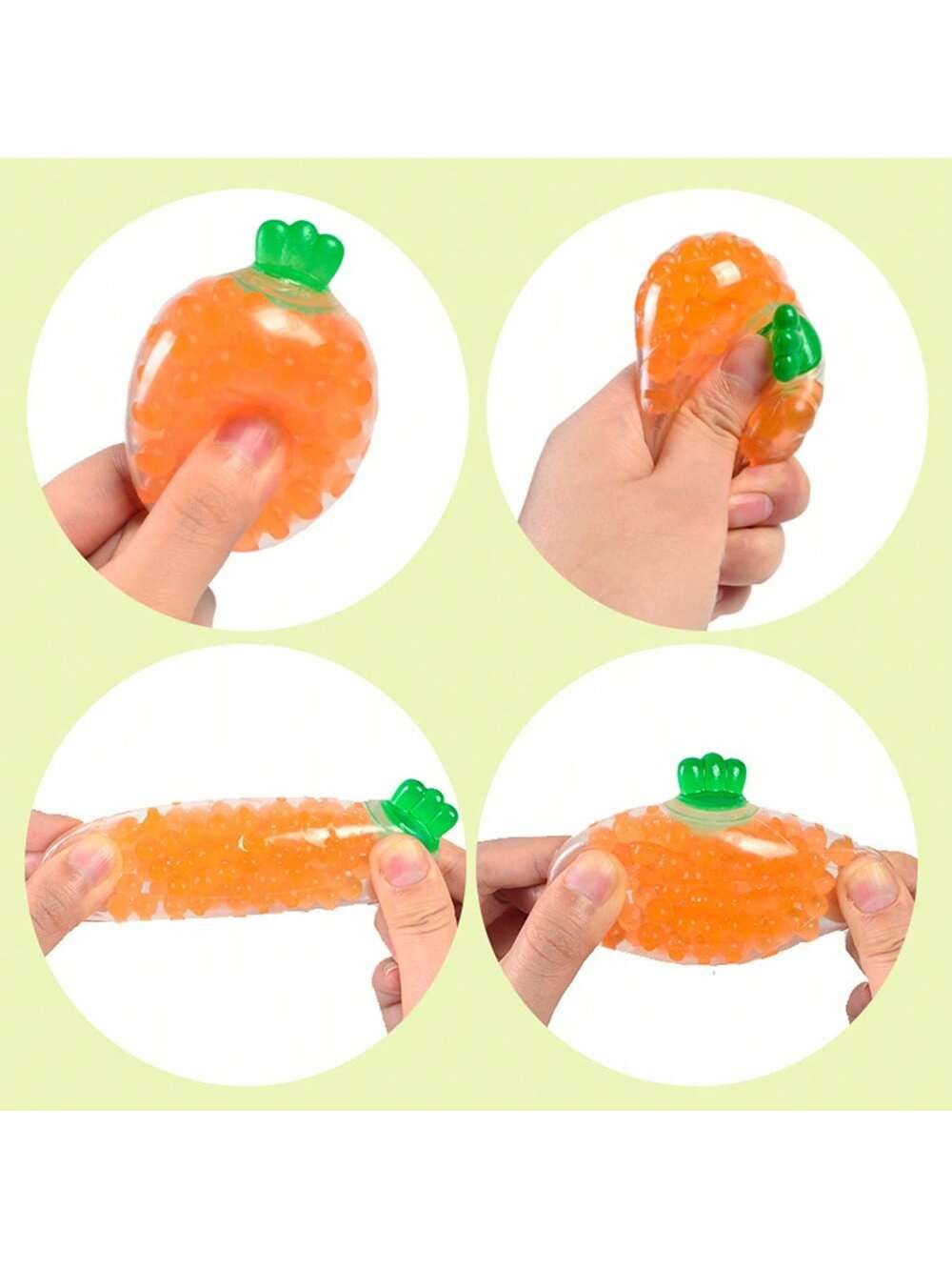 Five carrot-shaped stress relief squeeze balls for kids and adults, elastic fruit toys, perfect for play, Easter baskets, and vase fillers.