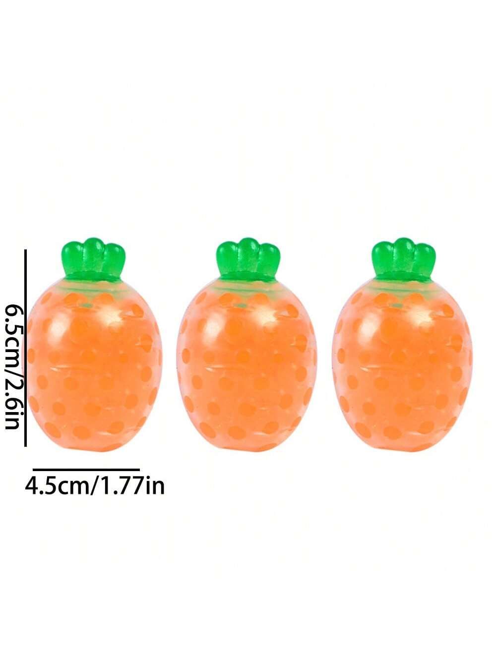 Five carrot-shaped squeeze stress relief balls from Everything Baby, elastic fruit toys ideal for kids' play and Easter baskets.