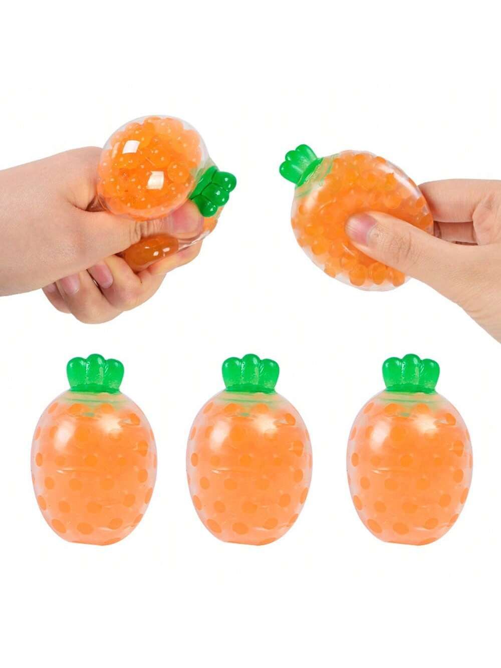 Three carrot-shaped stress relief squeeze balls for kids and adults, elastic fruit toys, ideal for Easter baskets or vase fillers.