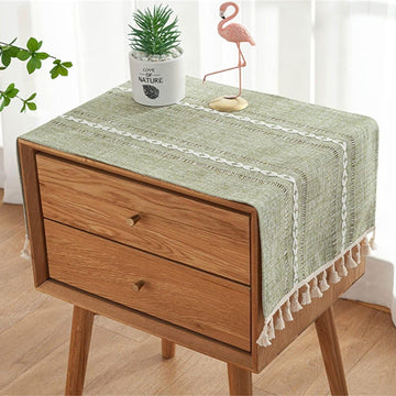 Green boho style rectangular tablecloth with tassel stripe pattern, polyester woven fabric, 38x91cm, suitable for dressers and bedside tables