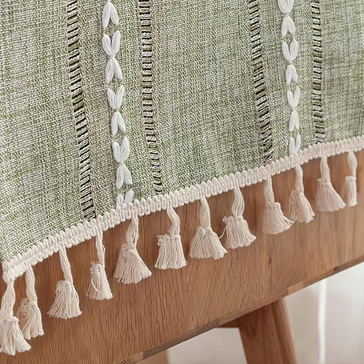 Green boho-style rectangular tablecloth with tassel stripe pattern, polyester woven for dresser or bedside table decor, 38x91cm.