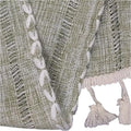 Green boho-style rectangular tablecloth with tassel stripe pattern, polyester woven fabric, suitable for dressers, bedside tables, and cabinets.