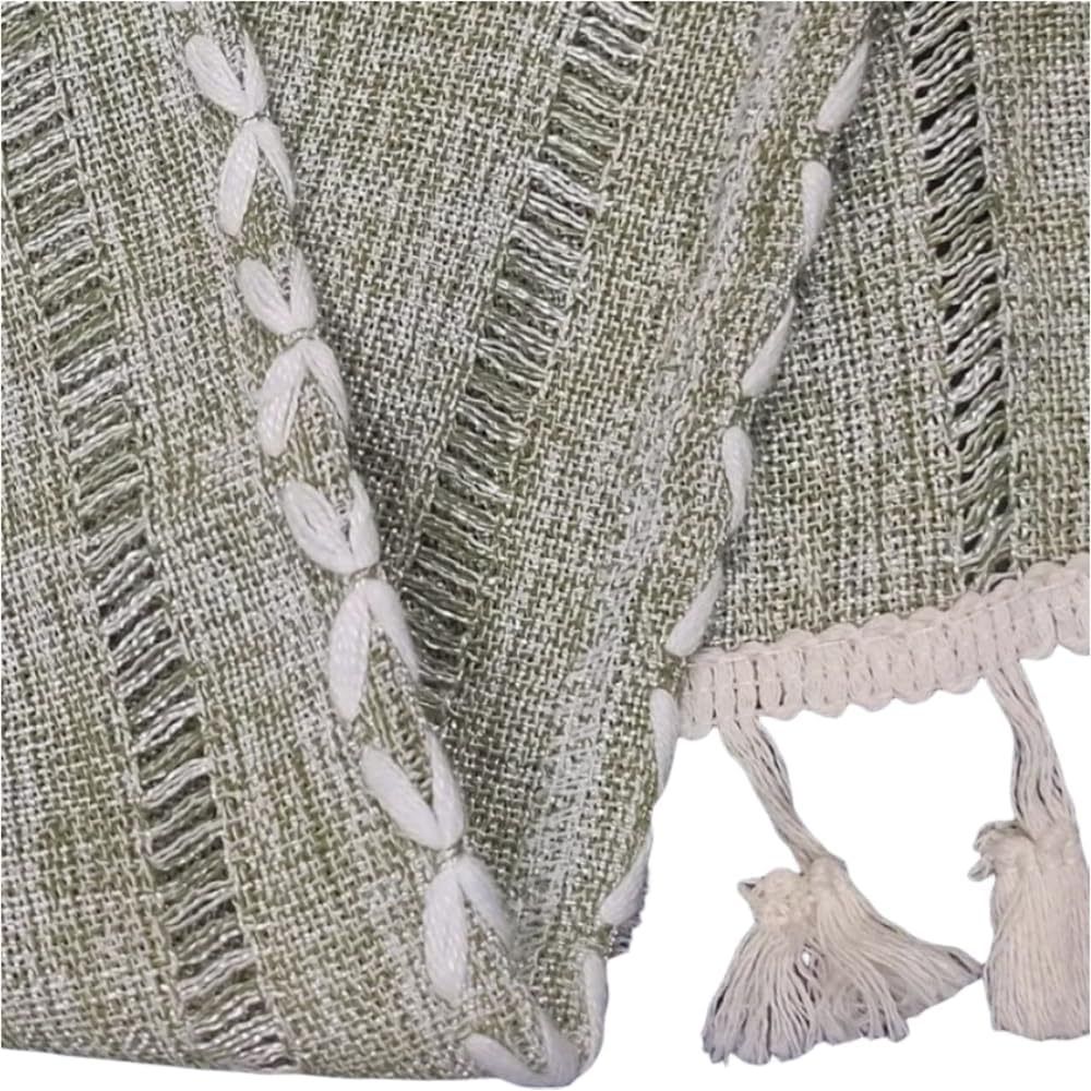 Green boho-style rectangular tablecloth with tassel stripe pattern, polyester woven fabric, suitable for dressers, bedside tables, and cabinets.