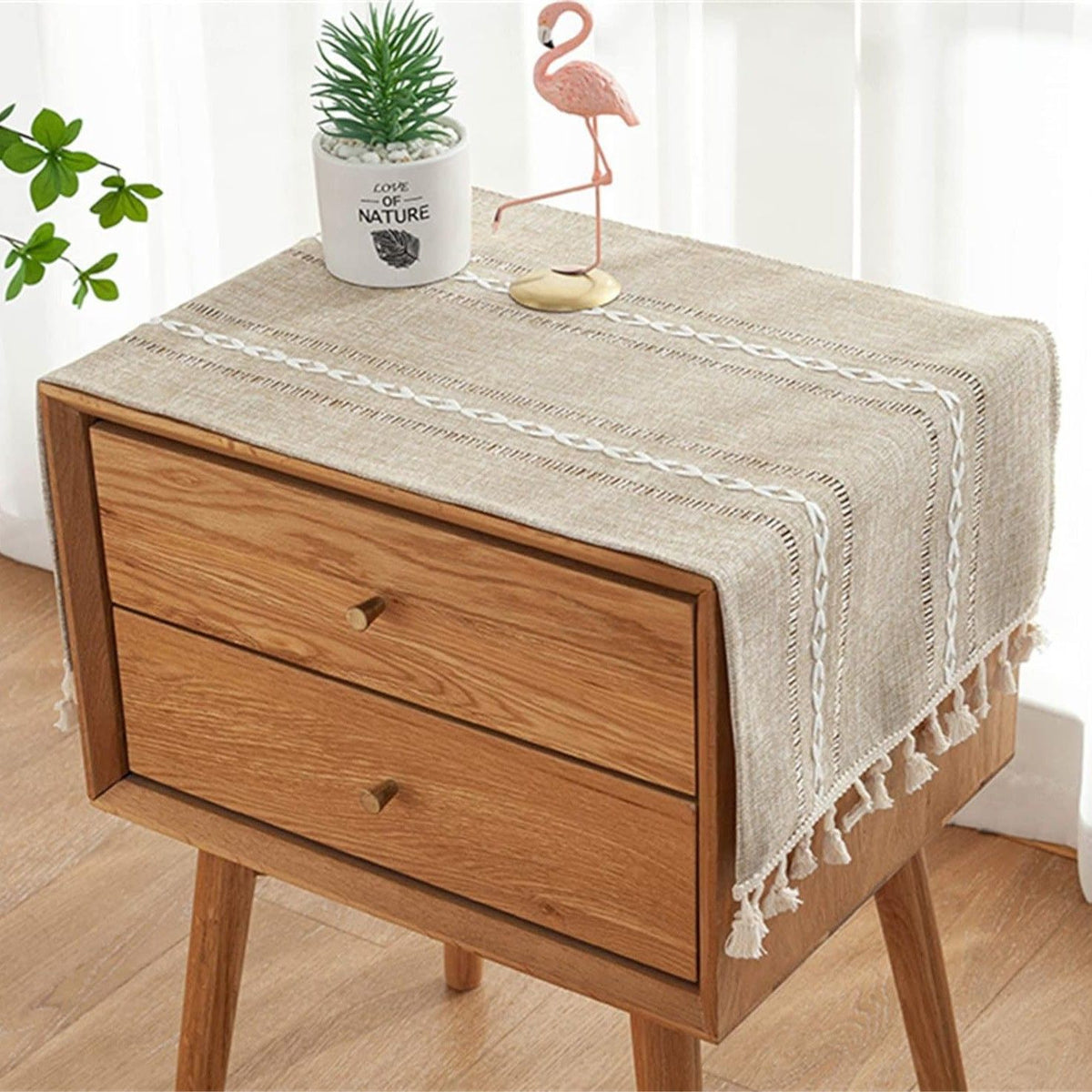 Brown boho-style rectangular tablecloth with tassel stripe pattern, polyester woven desk cover for dresser or bedside table.