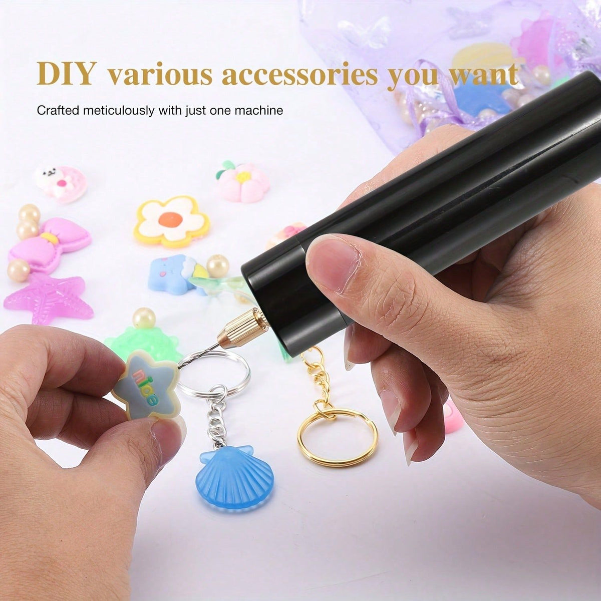 USB powered handheld mini electric drill set with 3 drill bits, compact DIY tool for kids and outdoor play.