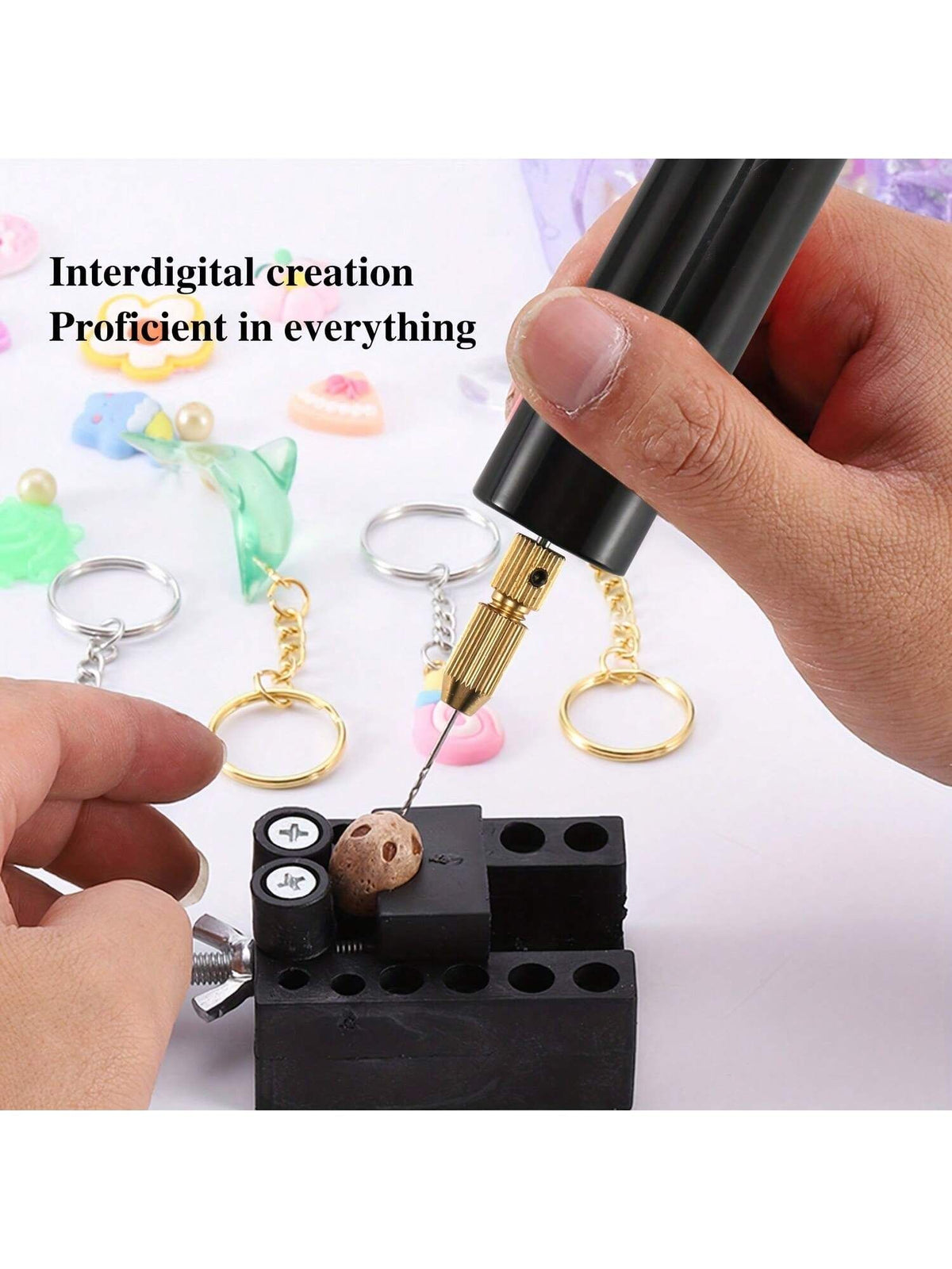 USB powered handheld mini electric drill with 3 drill bits, compact portable DIY tool for kids' outdoor play and craft projects.