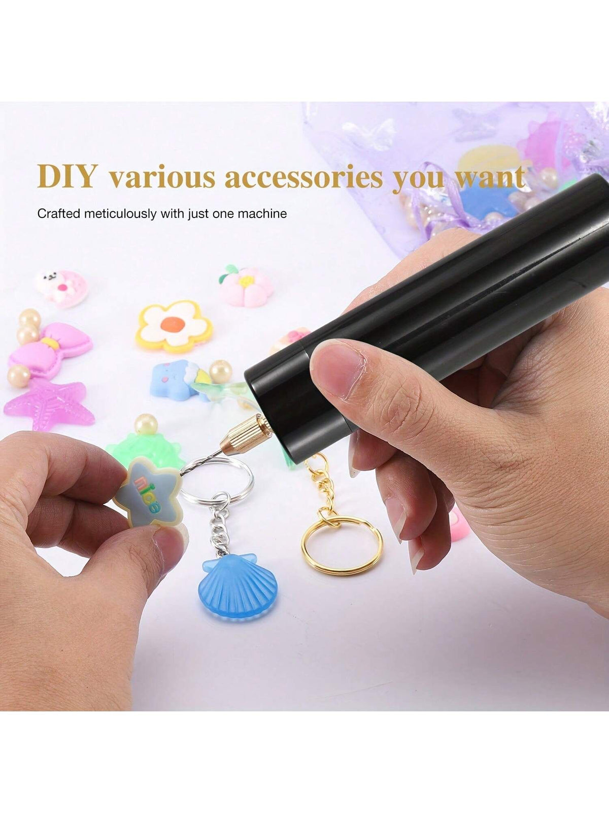 USB powered handheld mini electric drill set with three drill bits, compact DIY tool suitable for kids' outdoor play.