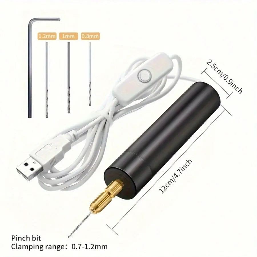 USB powered handheld mini electric drill set with 3 drill bits, portable DIY tool for kids' outdoor play equipment.