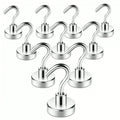 10-pack super strong magnetic hooks from Everything Baby, ideal for kitchens, garages, and wall mounting, showing hooks attached to metal surfaces.