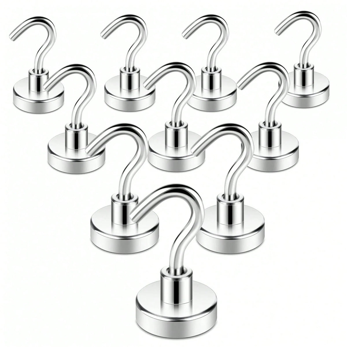 10-pack super strong magnetic hooks from Everything Baby, ideal for kitchens, garages, and wall mounting, showing hooks attached to metal surfaces.