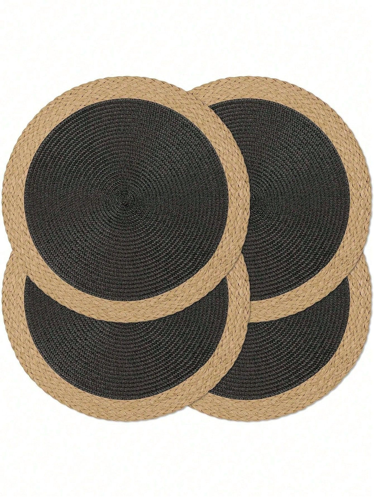 Set of four 15-inch black woven placemats with paper edges, heat-resistant and washable, ideal for indoor and outdoor parties.