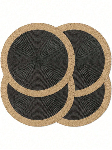 Set of four 15-inch black woven placemats with paper edges, heat-resistant and washable, ideal for indoor and outdoor parties.