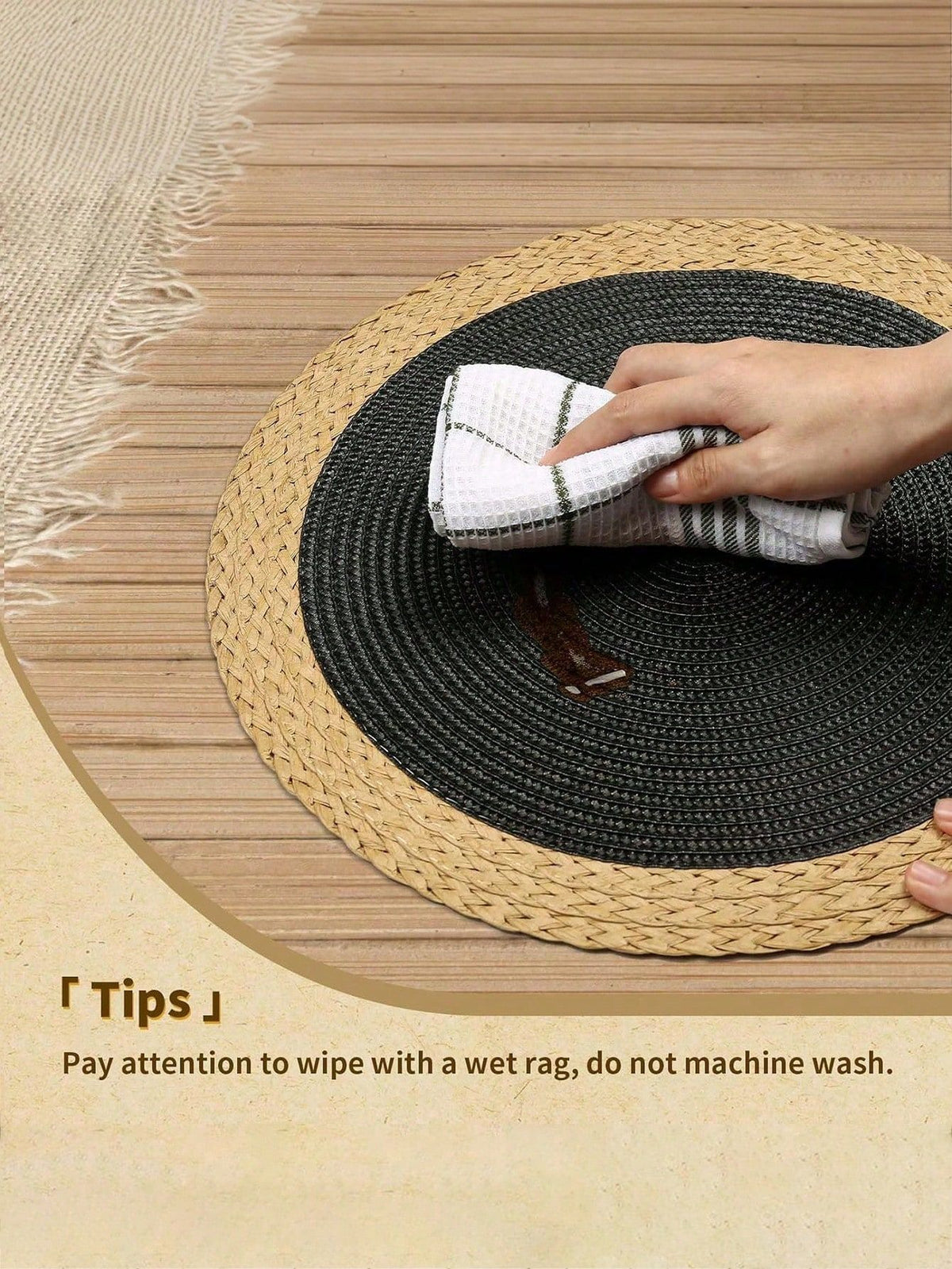 Set of four 15-inch black woven placemats with wide paper edges, washable, heat resistant, for indoor and outdoor dining.