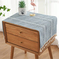 Blue boho style rectangular tablecloth with tassel stripe pattern, polyester woven fabric, 38x91cm, designed for dressers and bedside tables.