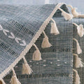 Blue boho style rectangular tablecloth with tassel stripe pattern, polyester woven, ideal for dressers, bedside tables, or cabinets.