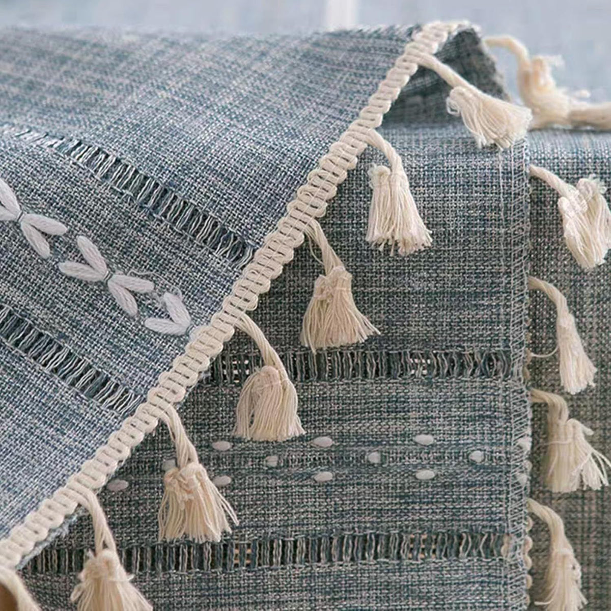 Blue boho style rectangular tablecloth with tassel stripe pattern, polyester woven, ideal for dressers, bedside tables, or cabinets.