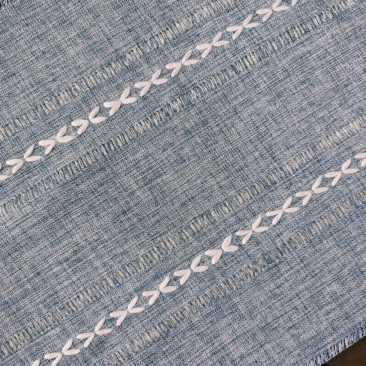 Blue boho style rectangular tablecloth with tassel stripe pattern, polyester woven desk cover for dresser or bedside table.