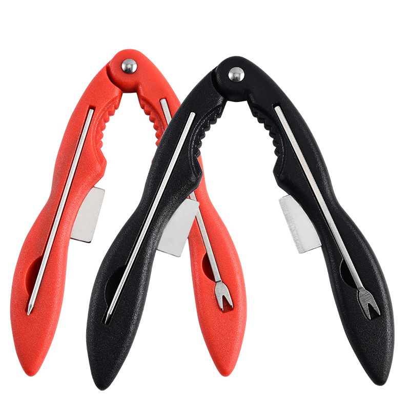 Black and red crab disassembly tool set with portable design and built-in storage box for seafood eating and crab cracking.