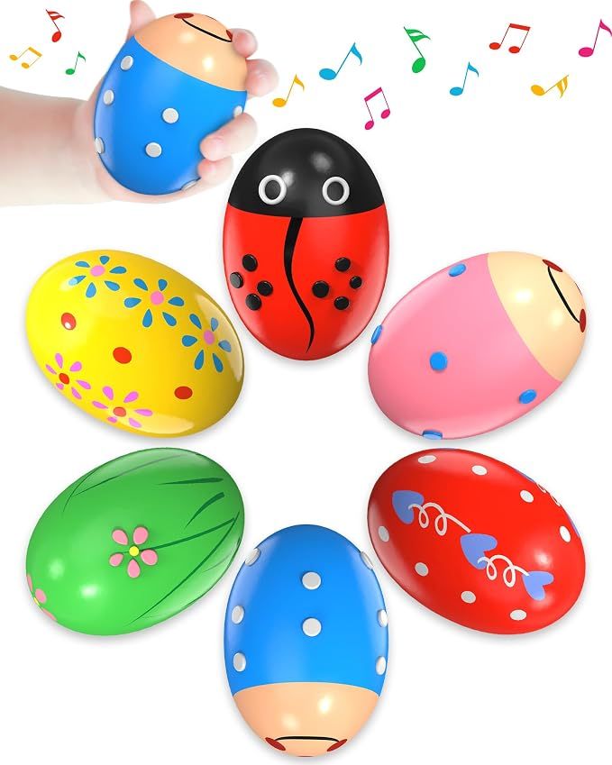 Six wooden percussion shakers inside colorful Easter eggs, perfect toddler toys and pretend play Easter basket fillers.