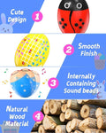 Six wooden percussion shakers in prefilled Easter eggs with toys inside, ideal for toddler pretend play and Easter basket fillers.