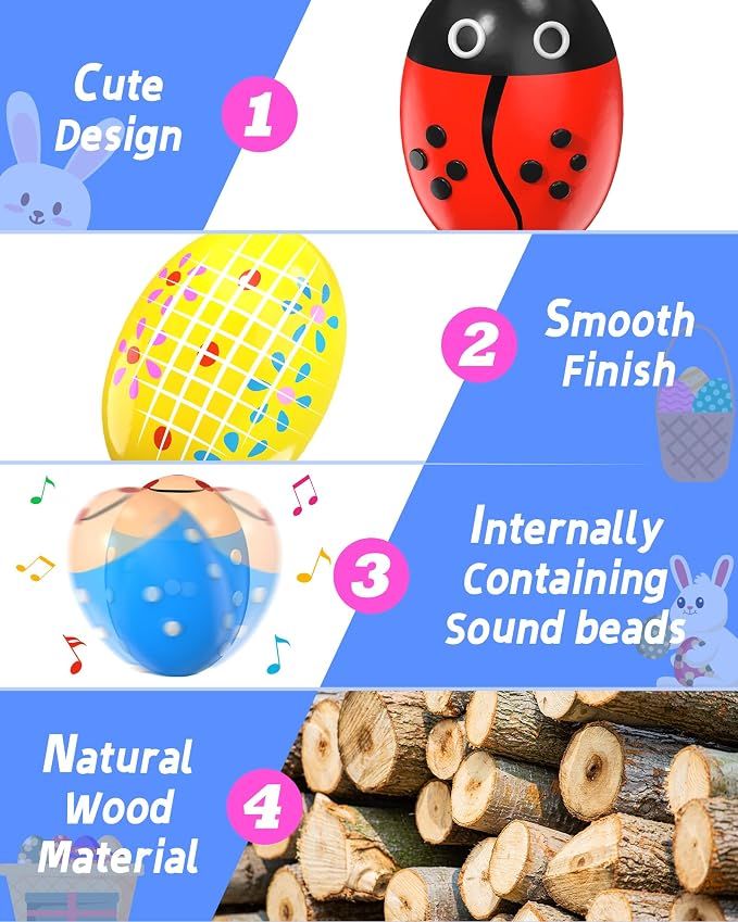 Six wooden percussion shakers in prefilled Easter eggs with toys inside, ideal for toddler pretend play and Easter basket fillers.