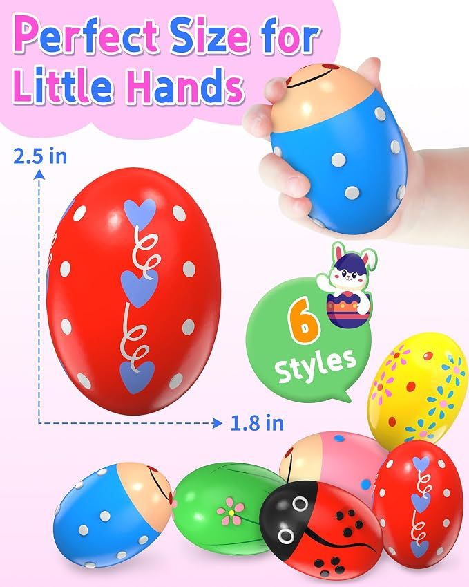 Six wooden percussion shakers inside colorful prefilled Easter eggs for toddlers, ideal as pretend play toys and Easter basket fillers.
