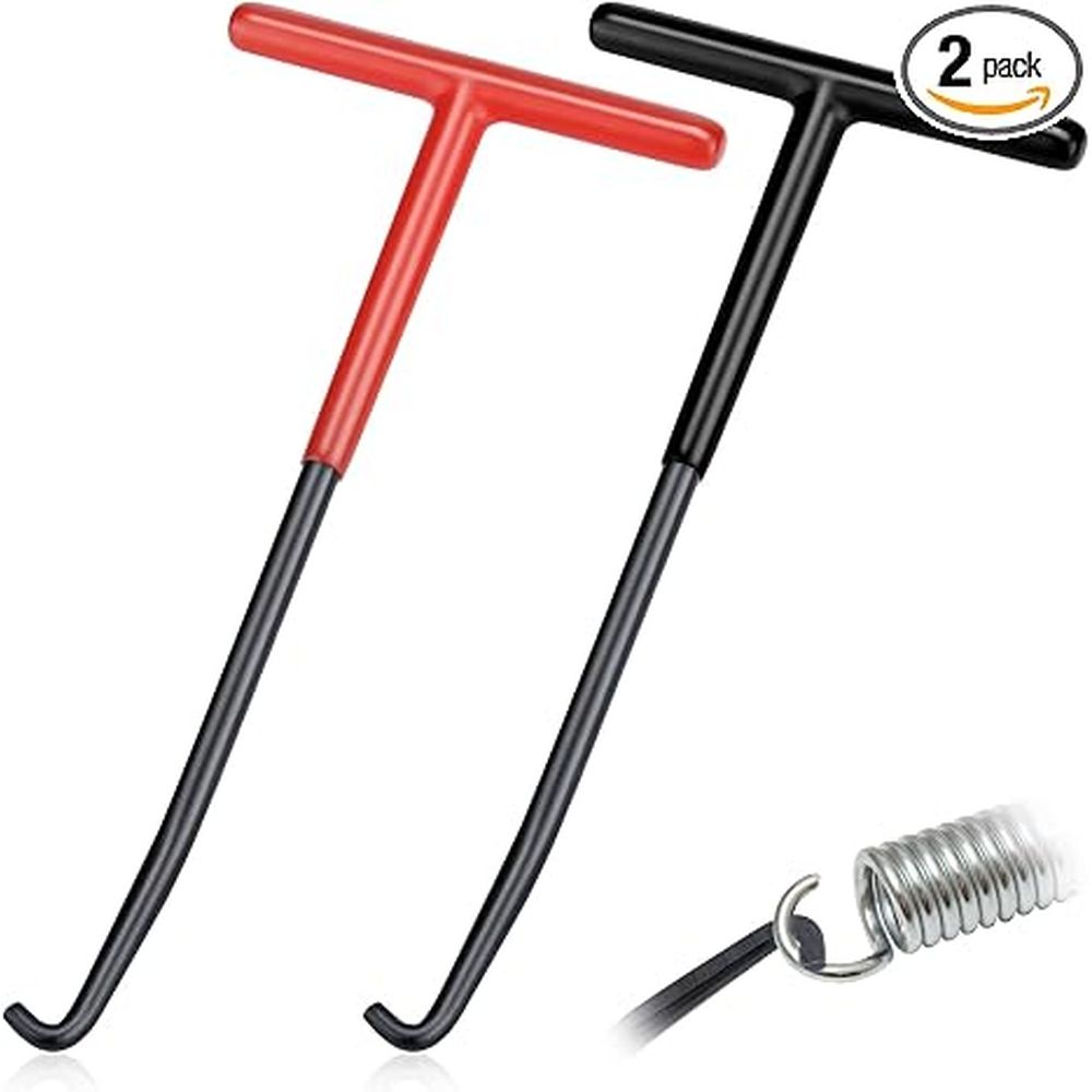 Red and black motorcycle exhaust spring puller tool with T-shaped handle and rubber coating for easy spring removal and maintenance.