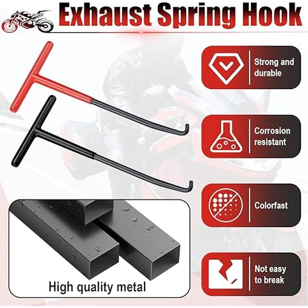 Red and black motorcycle exhaust spring puller tool with T-shaped handle and rubber coating for easy spring removal.