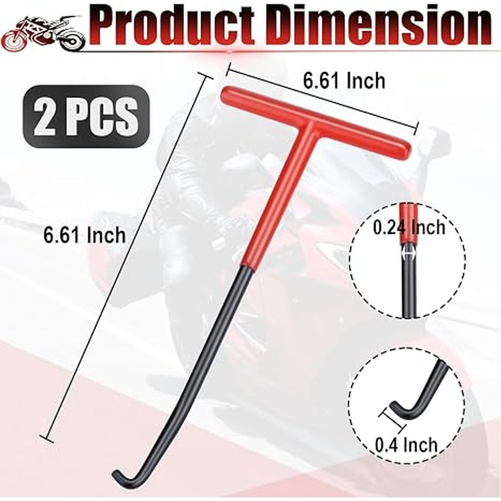 Red and black T-shaped handle exhaust spring puller tool with rubber coating for motorcycle and snowmobile exhaust spring removal.