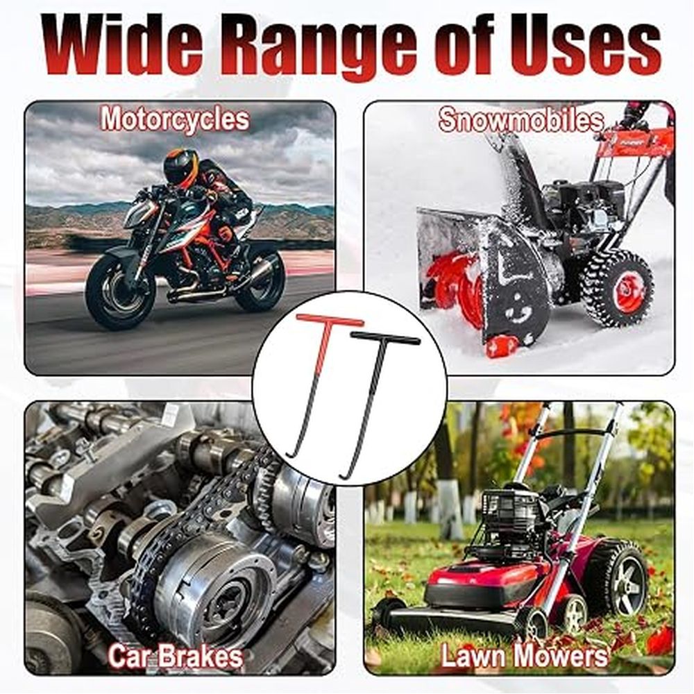 Red and black T-shaped handle exhaust spring puller tool with rubber coating for motorcycle and snowmobile spring removal.