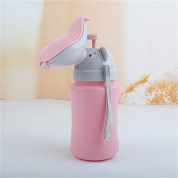 Pink portable travel urinal for girls, emergency camping potty, ideal for kids' travel, camping, and potty training.