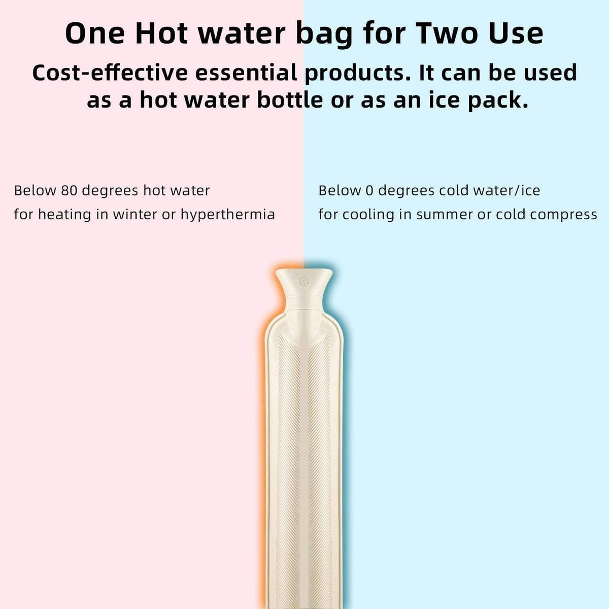 Rubber hot water bottle with soft cover, 2-liter size, used for pain relief, neck, shoulders, knees, and feet warming.
