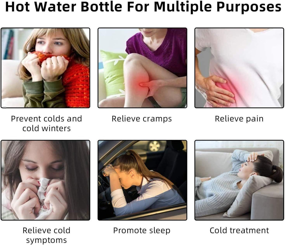 Rubber hot water bottle with soft cover, 2-liter size, for pain relief and warming neck, shoulders, knees, and feet.