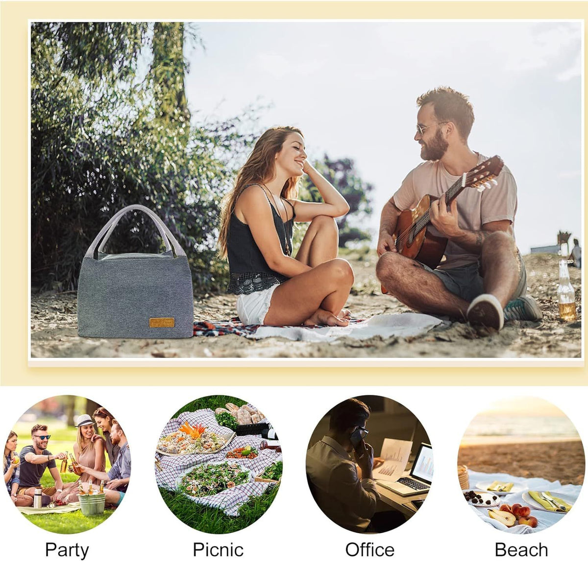 Insulated large lunch bag from Everything Baby, reusable leakproof tote for office, school, travel, or beach use.