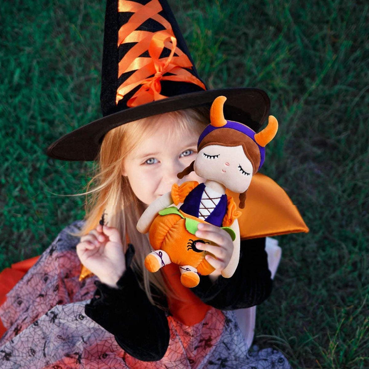 Soft plush pumpkin doll for babies, orange sitting at 10.5 inches, from Everything Baby, perfect as Halloween baby gift or toy.