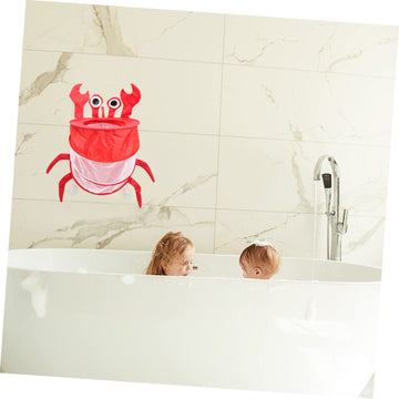 Baby bathing mesh storage bag hanging in bathroom, designed for toys and bath essentials, made of durable polyester.