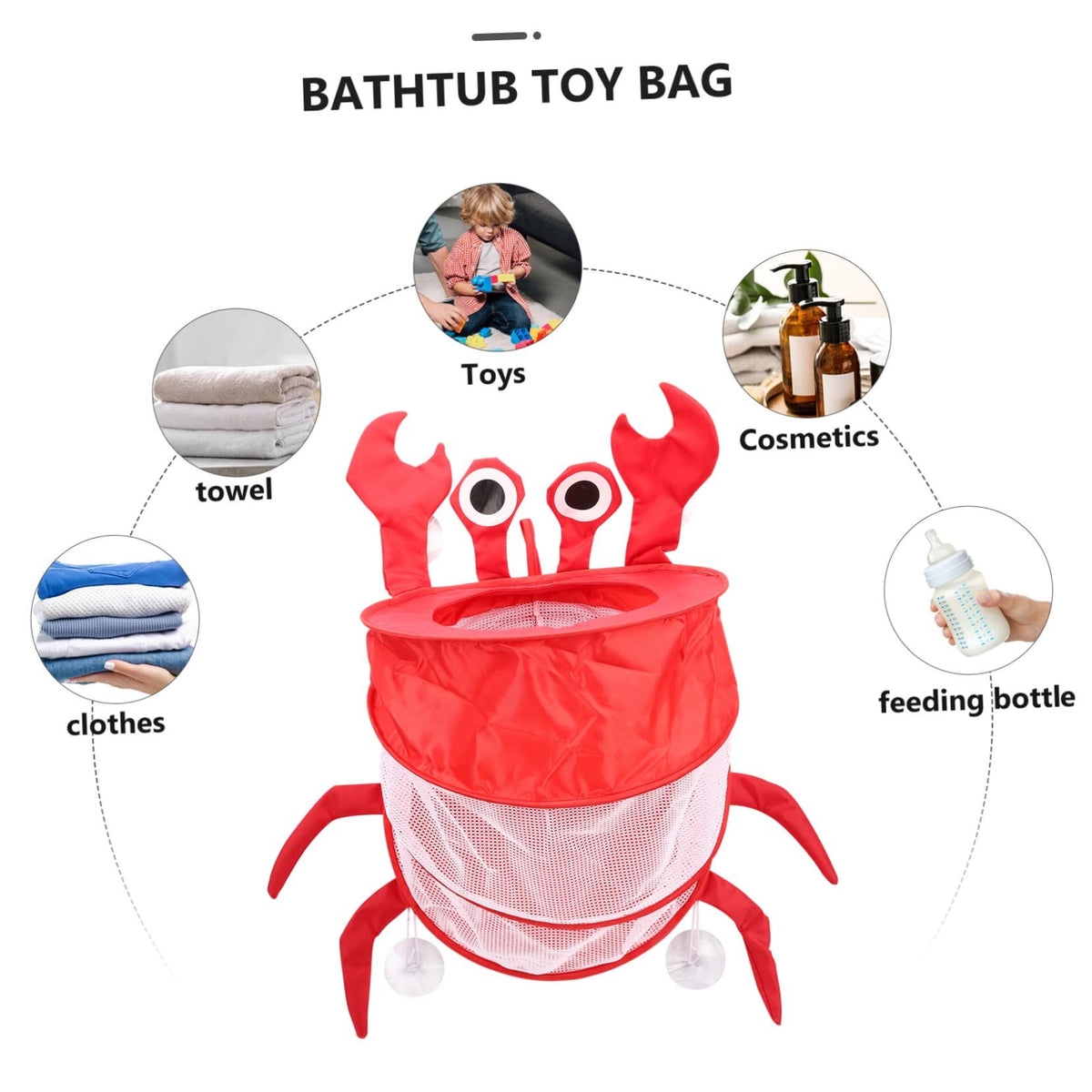 Baby & Kids polyester mesh bathroom storage bag with hanging hooks, designed for baby toys and bath essentials.
