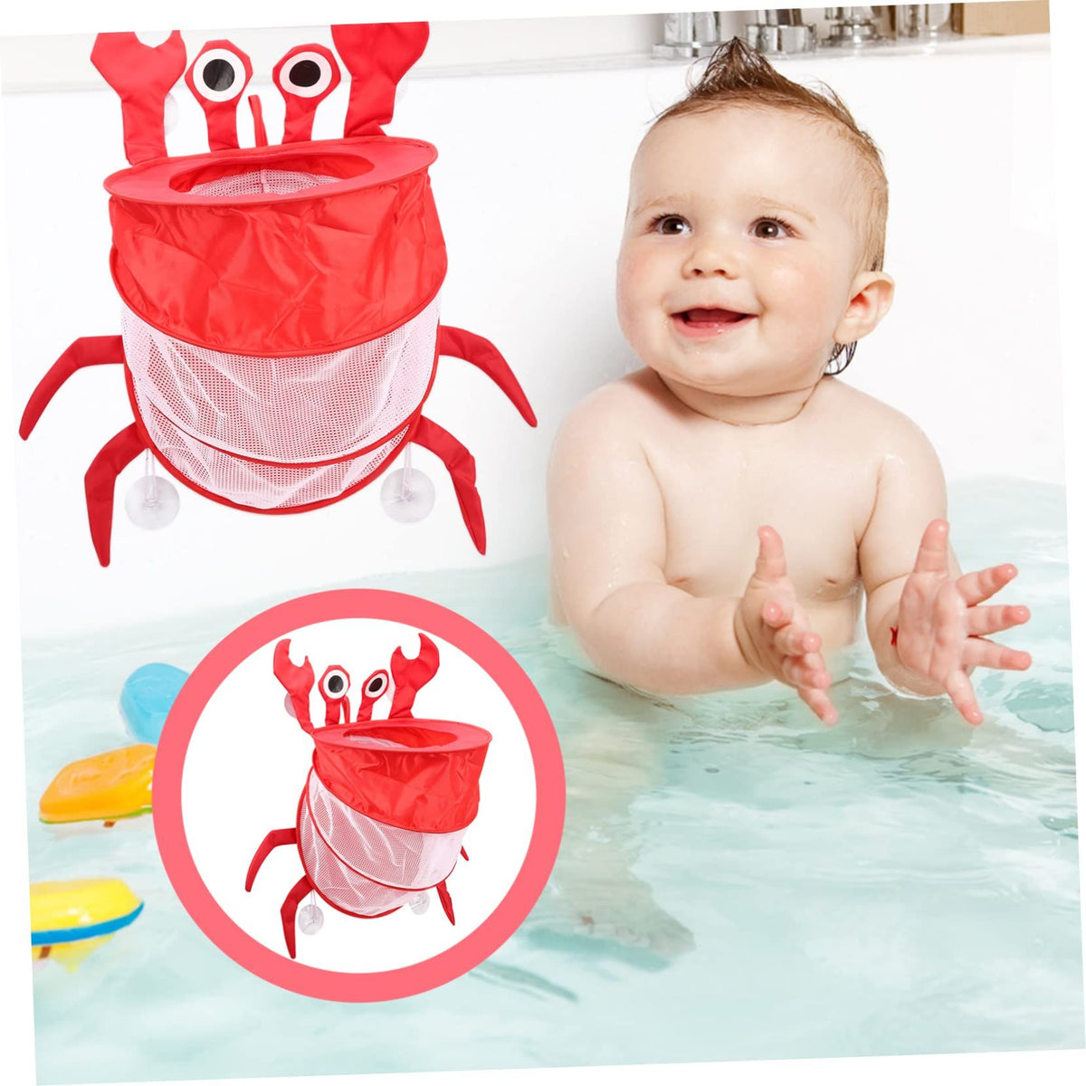Hanging baby bathtub storage mesh bag with polyester fabric and toy compartments, designed for bathroom organization and kid's toys.