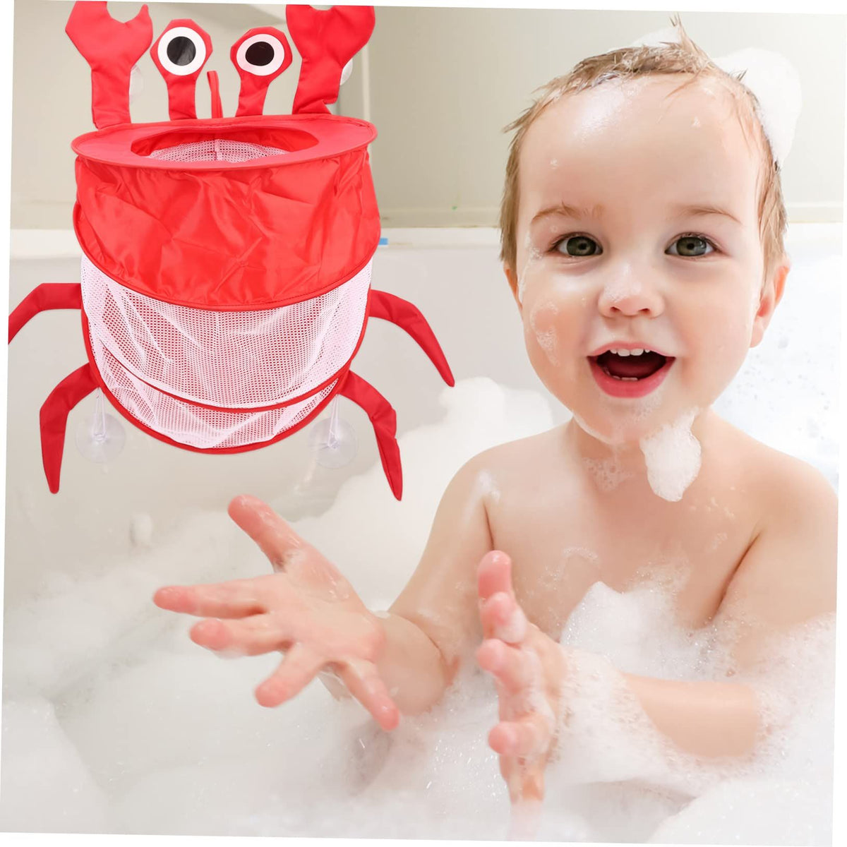 Baby and kids bathroom storage mesh bag for hanging toys, made of polyester, ideal for organizing baby shower toys.