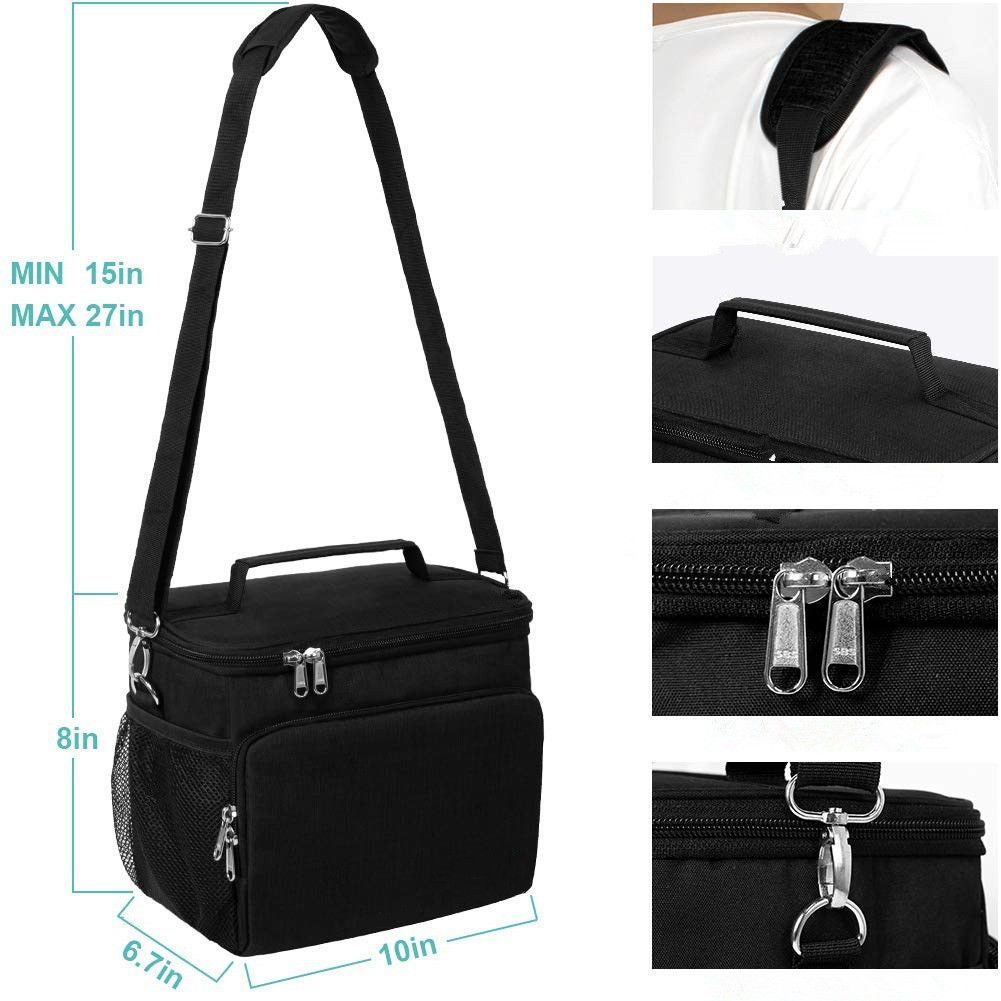 Black thermal insulated lunch bag by Everything Baby with leak-proof design and adjustable shoulder strap for kids and adults.
