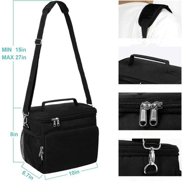 Black thermal insulated lunch bag by Everything Baby with leak-proof design and adjustable shoulder strap for kids and adults.