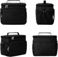 Black thermal insulated lunch bag with leak-proof design and adjustable shoulder strap, suitable for kids and adults.
