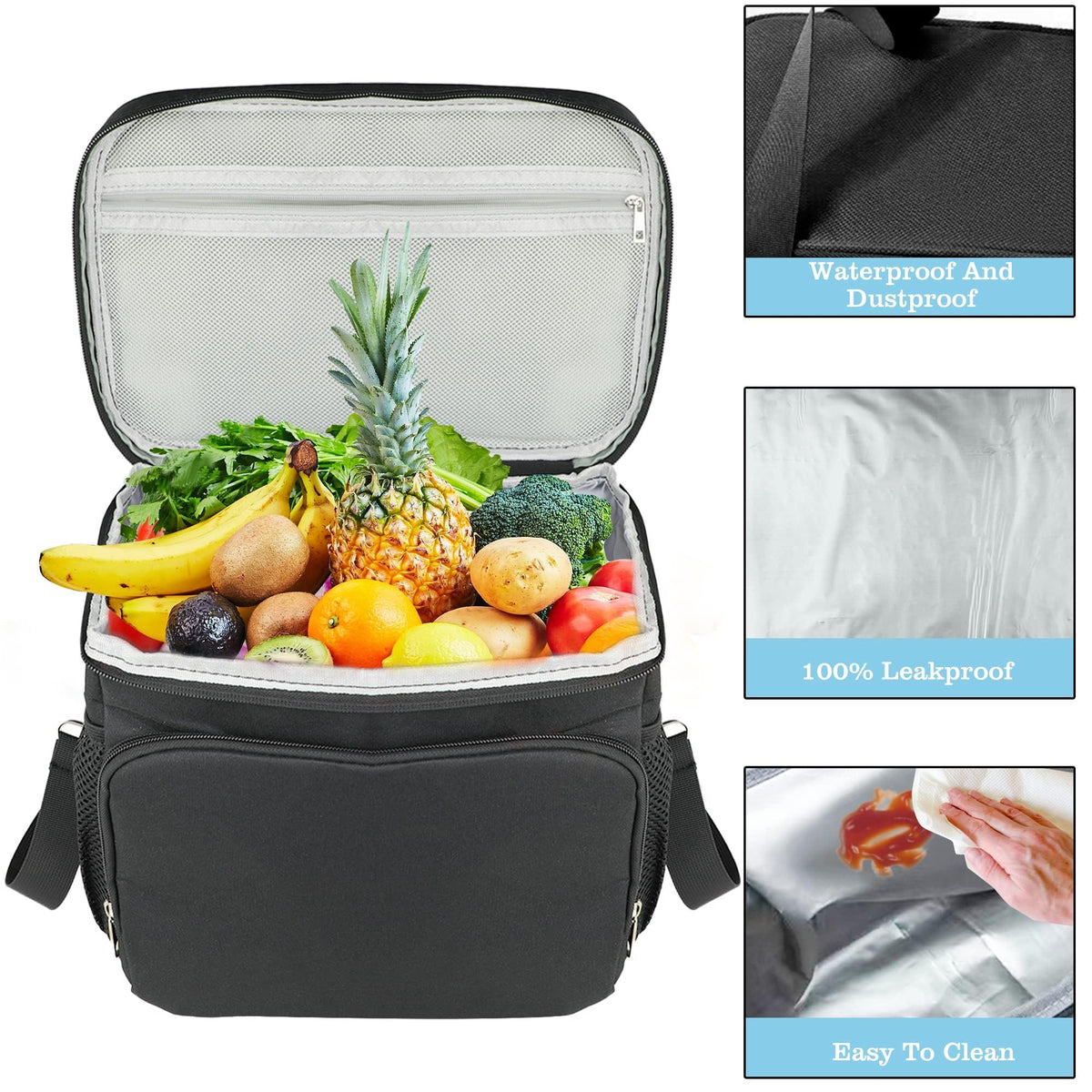 Black thermal insulated lunch bag for kids with leak-proof design and adjustable shoulder strap, ideal for adults and children.