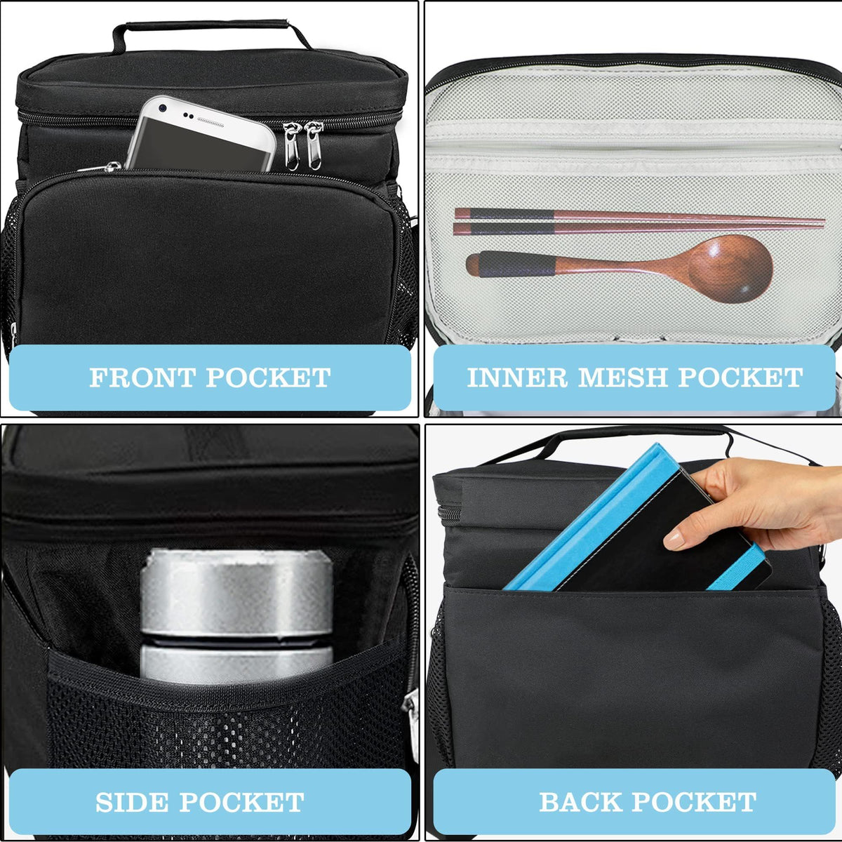 Black thermal insulated lunch bag with adjustable shoulder strap, leak-proof design, suitable for kids and adults, by Everything Baby.
