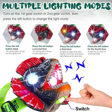 Kids dinosaur headlamp with LED light, sound and mute modes, suitable for outdoor play, camping, and birthday gifts.