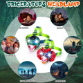 Kids dinosaur headlamp with LED lights, sound and mute modes, ideal for outdoor play, camping, and birthday adventures.